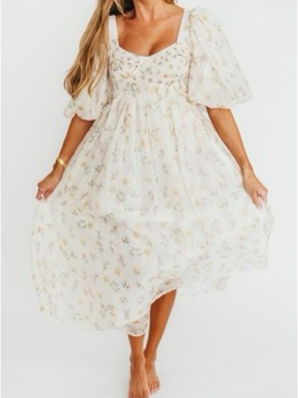 Off White Floral Puff-Sleeve Dress
